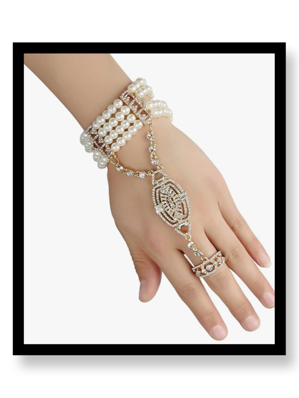 🆕 2 PC 1920s Imitation Pearl Beaded Chain Flapper Bracelet Ring